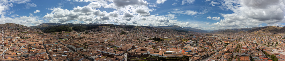 Aerial view of the Coricancha temple in Cusco. 360 View