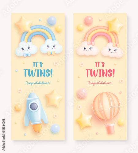 Baby shower vertical invitation with cartoon rainbow, clouds, hot air balloon, rocket, balloons and flowers on beige background. It's twins. Vector illustration