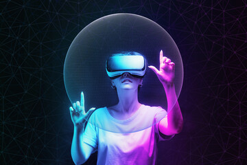Metaverse and 3D simulation. Portrait of young woman in VR glasses creates mesh sphere. Dark background with neon abstracts. The concept of virtual reality and futurism