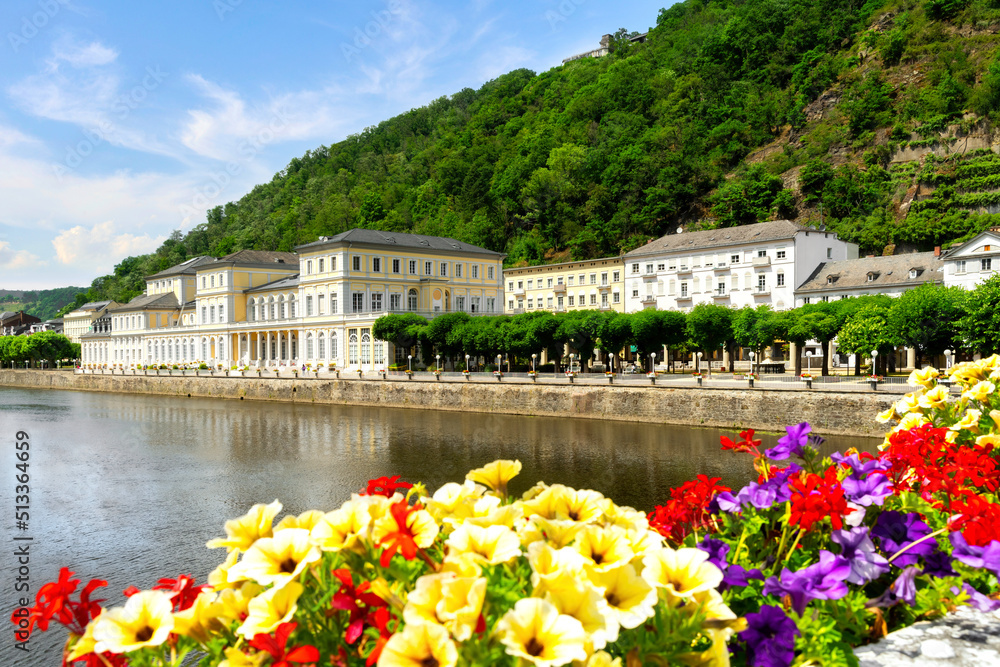 Promenade of Bad Ems at River Lahn with petunias in foreground, Rhineland-Palatinate, Germany