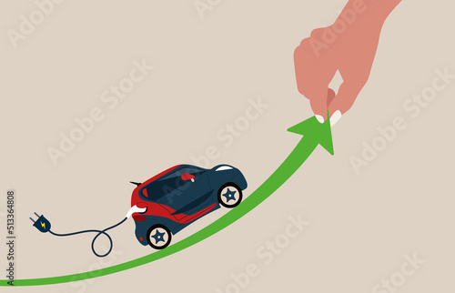 Electric car with plug-in cruising on upward arrow. Electric car stock pice soaring, EV, electric vehicle earning and profit increase in new economy stock market.