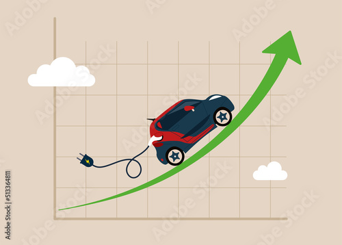 Electric car with plug-in cruising on rising up green stock market arrow graph. Electric car stock pice soaring, EV, electric vehicle earning and profit increase in new economy stock market.