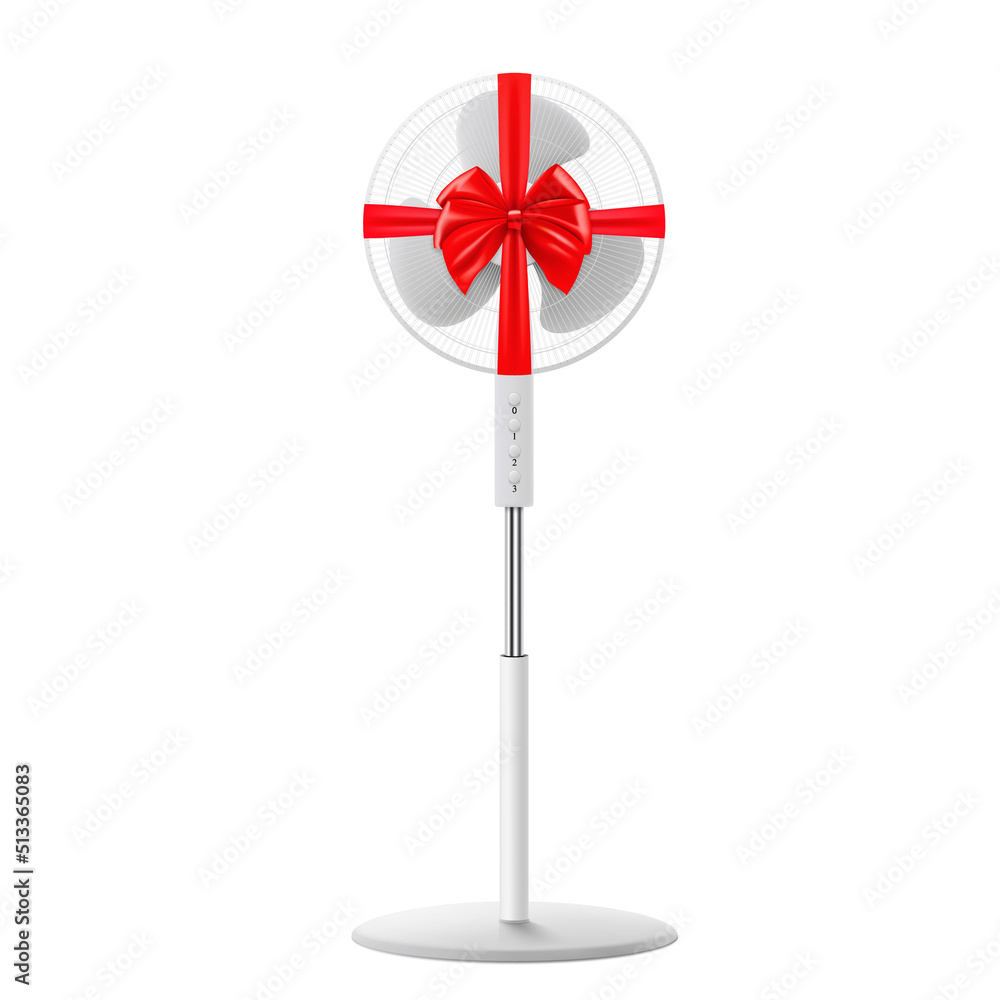 Fan with red ribbon and bow. 3D rendering. Gift concept. Realistic vector illustration isolated on white background Fan with red ribbon and bow. 3D rendering. Gift concept. Realistic vector illustration isolated on white background