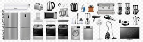 A set of household appliances: microwave oven, washing machine, refrigerator, vacuum cleaner, multicooker, food processor, blender, iron, juicer blender, toaster. Realistic 3D vector, isolated