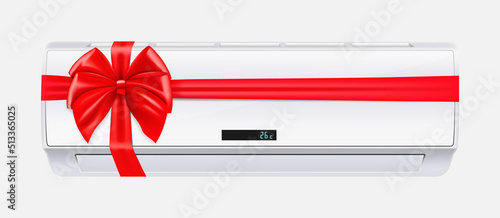 Air conditioner with red ribbon and bow. 3D rendering. Gift concept. Realistic vector illustration isolated on white background