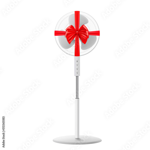 Fan with red ribbon and bow. 3D rendering. Gift concept. Realistic vector illustration isolated on white background