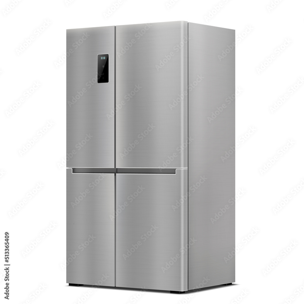 Stainless Steel Double Door Refrigerator. Side View . Realistic 3d  rendering. American Style Fridge. Isolated vector illustration on White  background. Modern Kitchen and Domestic Major Appliances Stock Vector |  Adobe Stock