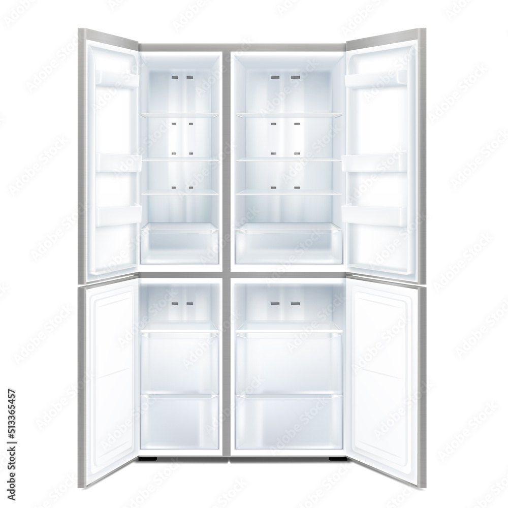 Front View of gray Double Door Refrigerator with open doors. Realistic 3d vector illustration isolated on white background. Front View of gray Double Door Refrigerator with open doors. Realistic 3d vector illustration isolated on white background.