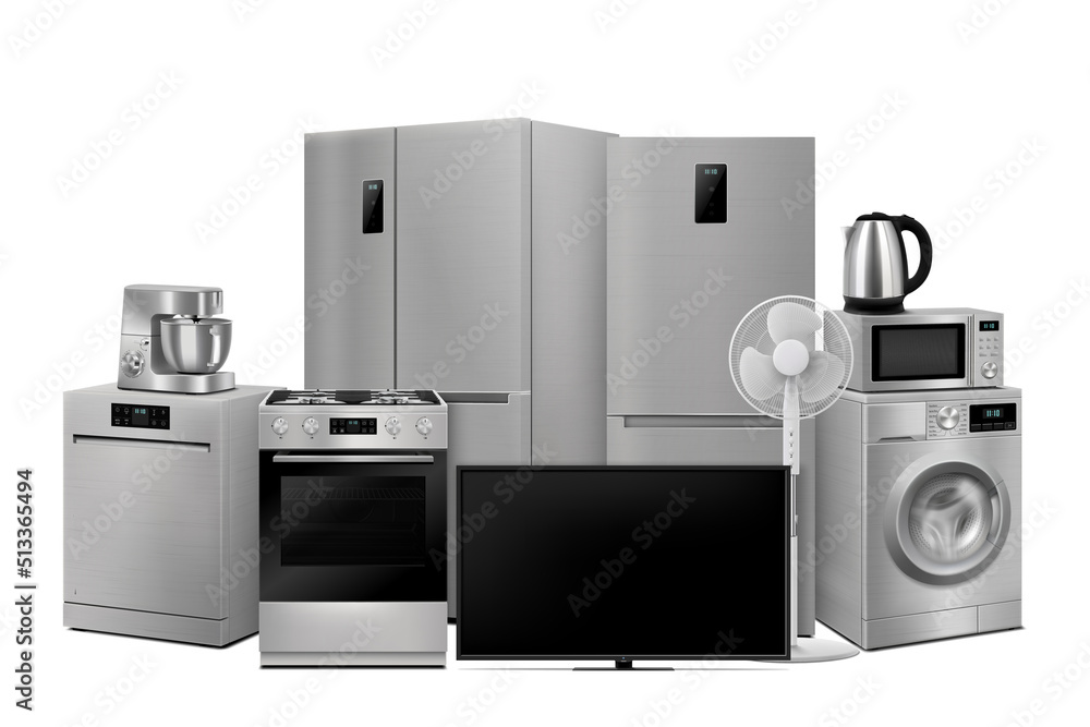 A set of household appliances: microwave oven, washing machine, refrigerator, double door fridge, stove, fan,TV, dishwasher, food processor, kettle. Realistic 3D vector, isolated A set of household appliances: microwave oven, washing machine, refrigerator, double door fridge, stove, fan,TV, dishwasher, food processor, kettle. Realistic 3D vector, isolated
