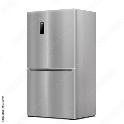 Stainless Steel Double Door Refrigerator. Side View . Realistic 3d rendering. American Style Fridge. Isolated vector illustration on White background. Modern Kitchen and Domestic Major Appliances