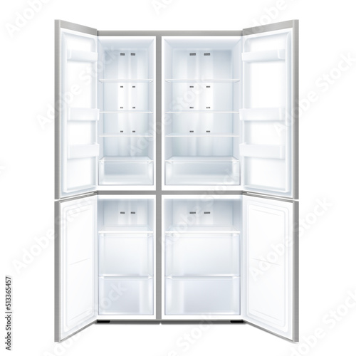 Front View of gray Double Door Refrigerator with open doors. Realistic 3d vector illustration isolated on white background.