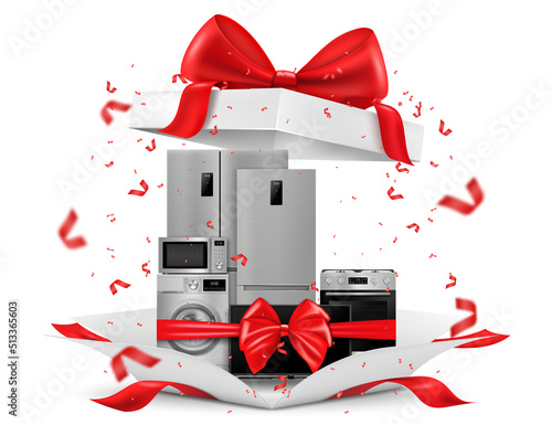 Gift concept, home appliances inside gift box. Refrigerator, microwave, TV, washing machine, gas stove, isolated on white background. 3D rendering. Realistic vector illustration