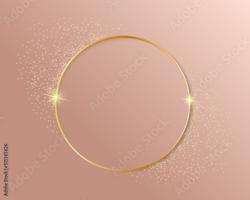 Gold shiny glowing vintage frame or ring with shadows on fahion pink background. Golden luxury realistic border. Wedding, mothers or Valentines day concept. Vector illustration