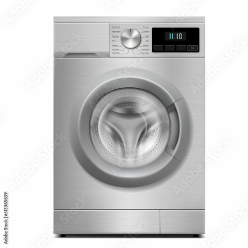 Washing machine mockup isolated on white background. Modern, realistic 3d vector illustration of home appliances. Front view, close-up
