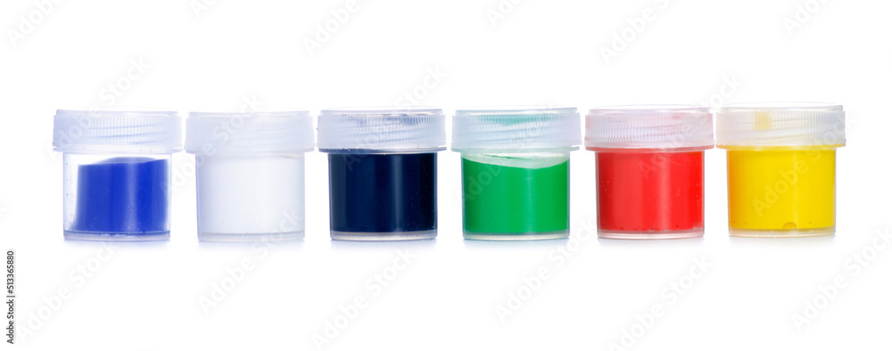 Jars gouache paints on white background isolation Jars gouache paints on white background isolation