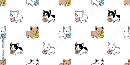 Fototapeta Naklejka Na Ścianę i Meble -  dog seamless pattern french bulldog donut eating food vector pet puppy breed cartoon scarf isolated tile background repeat wallpaper wrapping paper doodle illustration design