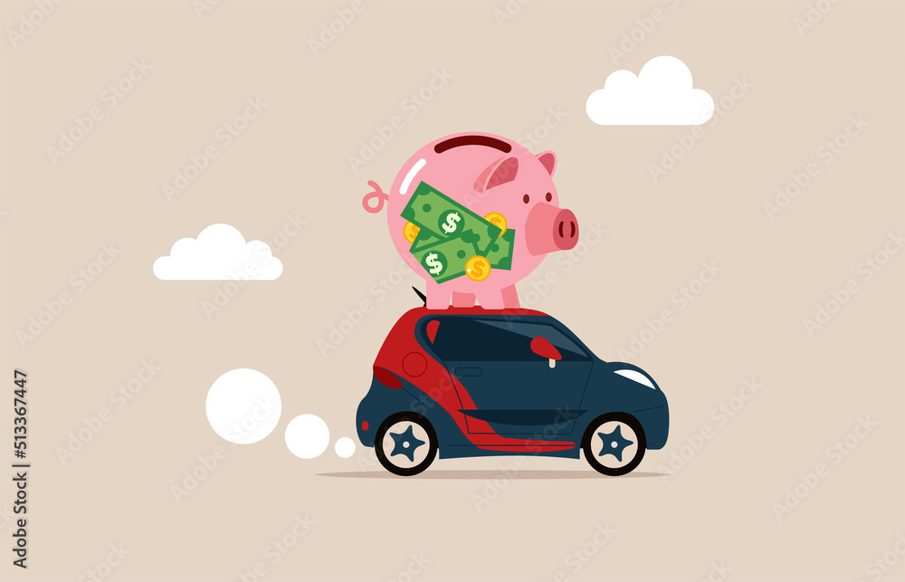 Saving money to buy new car, expense or budget for car maintenance service, debt or car loan. Big cute transparent pink piggy bank money box on the roof of riding car.