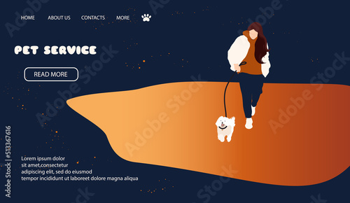 Dog walker with maltipu on leash. Landing page for pet services