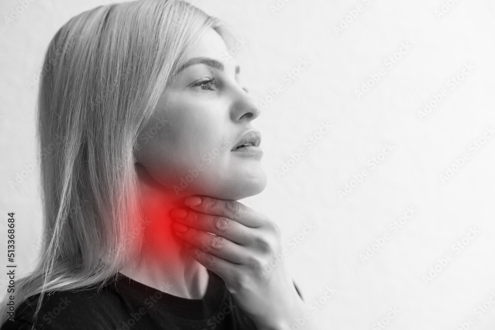 Throat Pain. Beautiful Woman Having Sore Throat, Feeling Sick. Unhappy