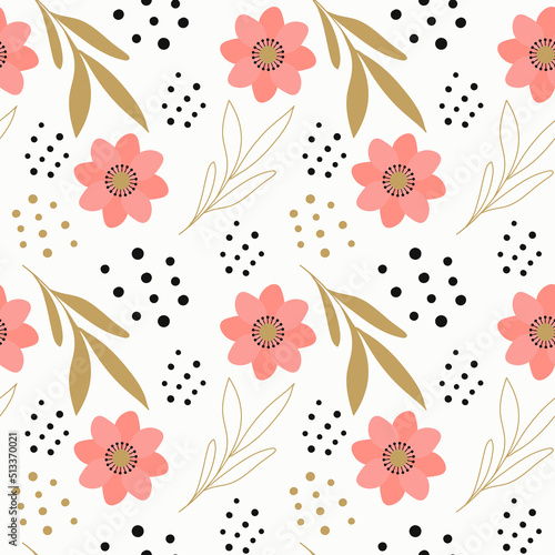 Trendy seamless pattern with flowers and butterflies on a white background. Fabric design with simple colors. Vector background.