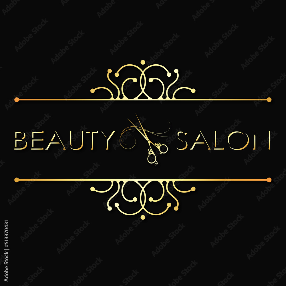 Golden scissors and curl hair symbol. Design with pattern for beauty salon and hair stylist