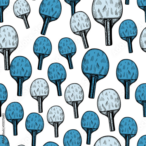 Ping pong racket sketch seamless pattern. Vintage sport elements for table tennis hand drawn style.