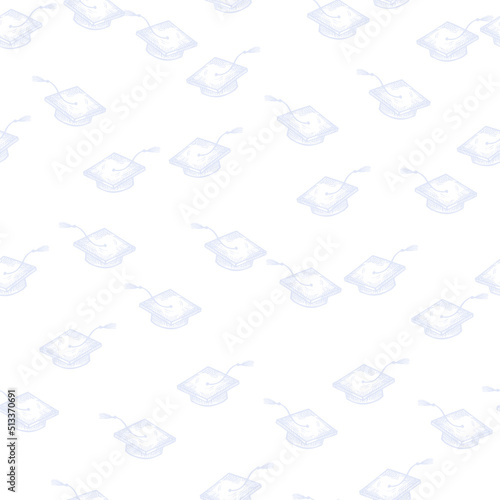 Graduate hats engraved seamless pattern. Vintage element education in hand drawn style.