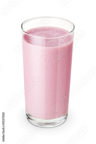 Glass of pink berry milkshake isolated on white.