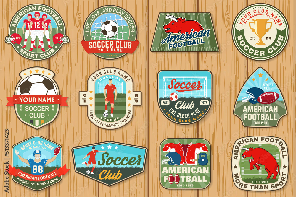 Set of american football and soccer club embroidery patch. Vector for shirt, logo, print, stamp, sticker. Vintage design with soccer, american football sportsman player, helmet, ball and shoulder pads