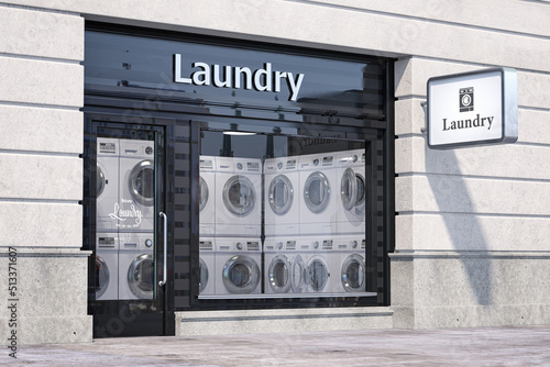 Cuadro en lienzo Laundry building exterior with washing machines inside it.