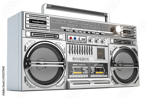 Photos Retro ghetto blaster boombox, radio and audio tape recorder isolated on white