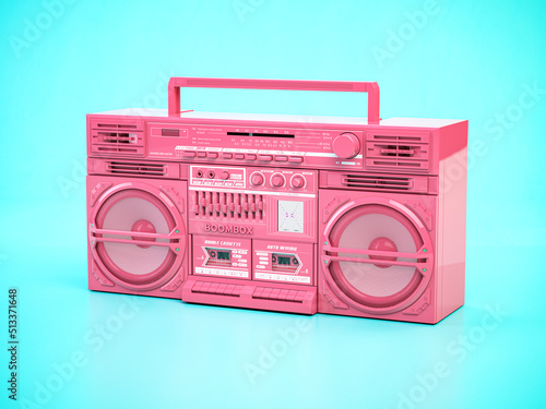Pink retro boombox ghetto blaster , radio and audio tape recorder on blue background.
