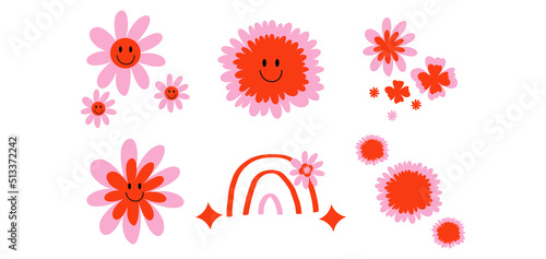 70s Retro smiley flowers. Retro groovy naive flowers chamomile, daisy, chrysanthemum, pink and red raibow