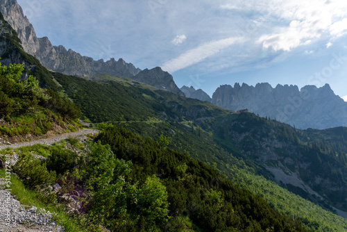 Hiking path to Grutten Hut in the Wilder Kaiser mountains