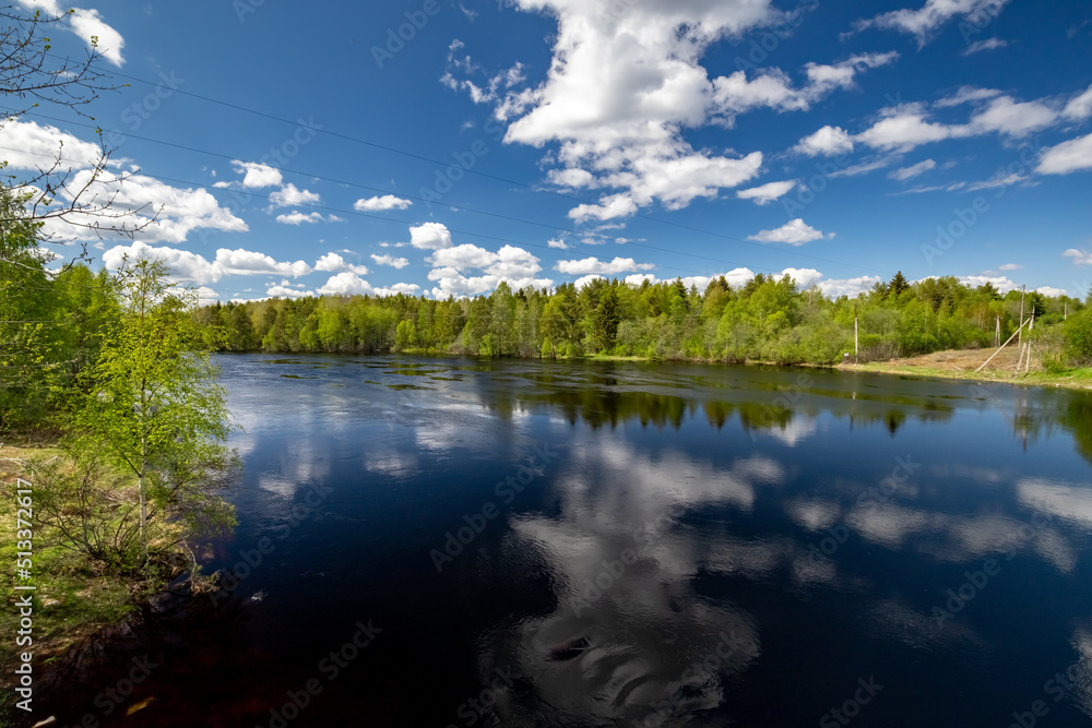 A lake in Karelia on a sunny day with a beautiful reflection. Nature of Karelia.