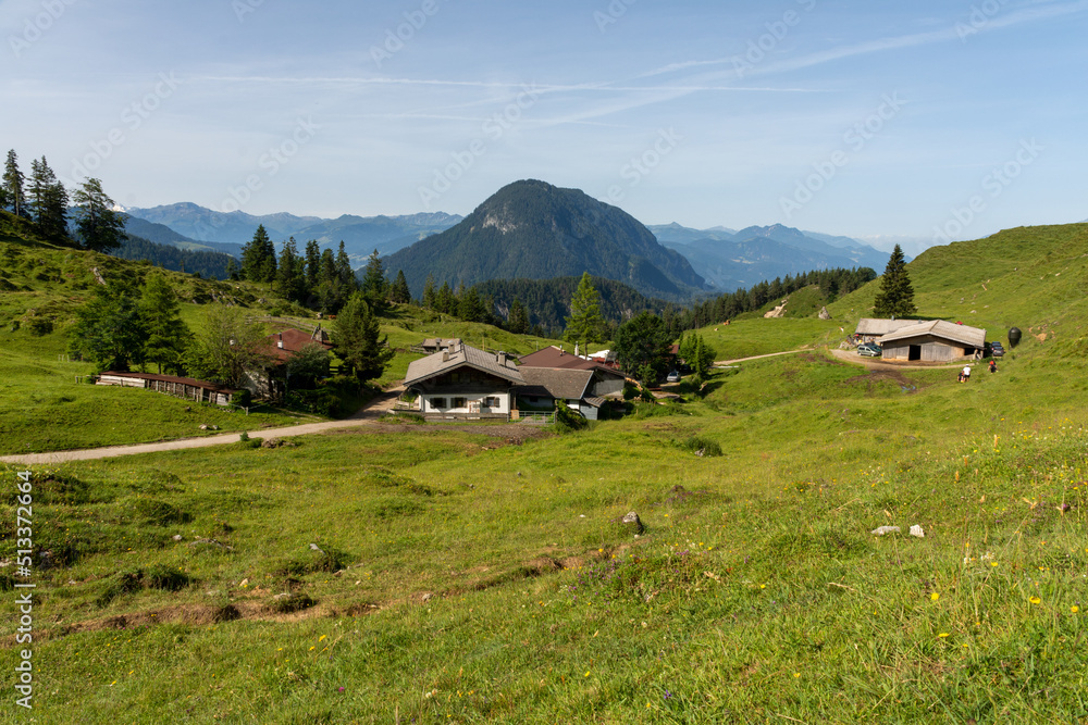 Scheffau, Austria - June 18, 2022: Mountain pasture of Walleralm