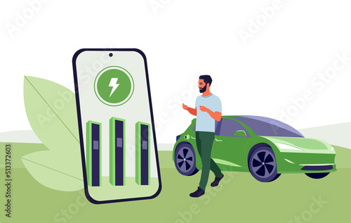 Man using app searching electric car charging station. Battery EV vehicle plugged and getting electricity from renewable power generations solar panel, wind turbine. Solar battery