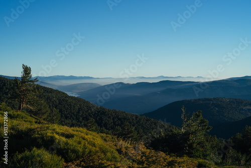 Valley covered by forest with low clouds around the mountains