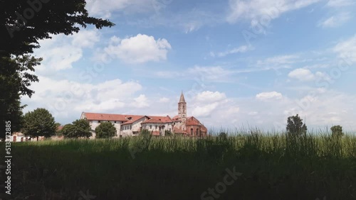 Staffarda, Italy. Veduta dell'Abbazia di Staffarda in provincia di Cuneo in un giorno di sole. June 26, 2022. photo