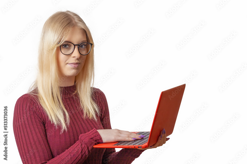 Smiling caucasian young woman using laptop isolated in white background. Horizontally. Smiling caucasian young woman using laptop isolated in white background. Horizontally.