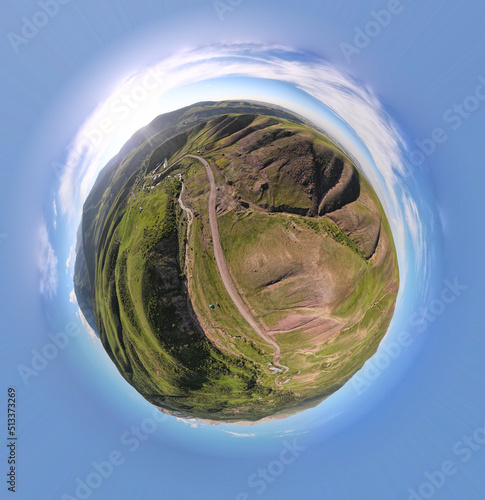 360 pherical panorama little planet aerial drone view to mountain photo