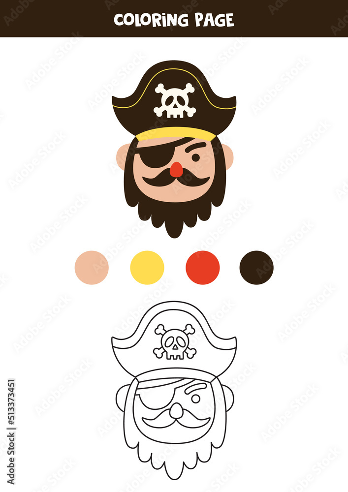 Color hand drawn pirate. Worksheet for kids.