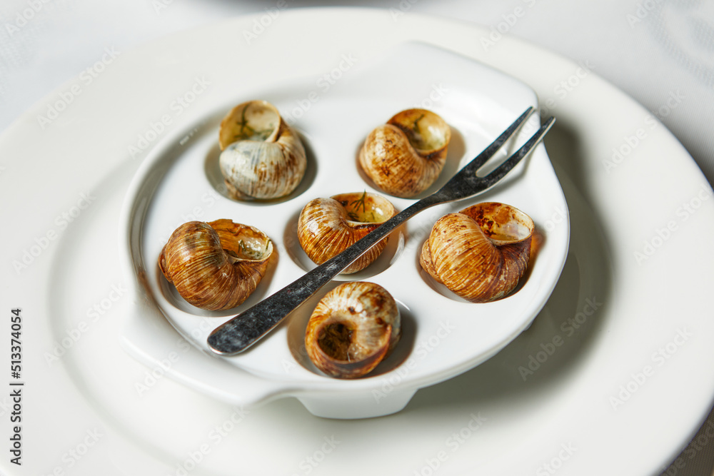 a dish of snails served on a white plate a dish of snails served on a white plate