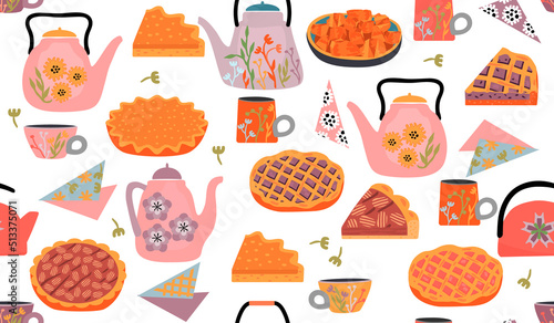 Seamless pattern with teapot,cup and baked dessert.Pie with pecan, pumpkin, blueberry filling, whole and pieces.Colorful food background for printing on fabric and paper.Vector hand drawn illustration