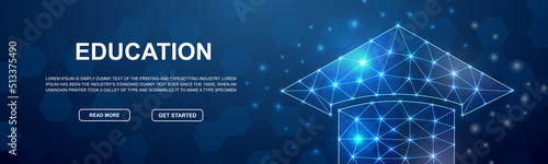 Graduation cap polygonal horizontal banner. E-learning low poly symbol for head promotion banner. Online learning design template illustration concept