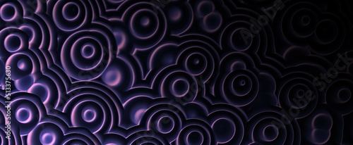 Abstract purple circles stripes background. Futuristic flowers with dark gradient and 3d render round lines. Geometric creative swirl textures with circular wave on surface