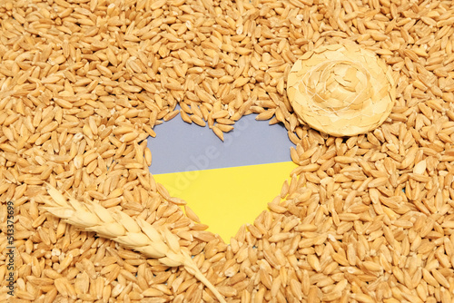 Wheat and Ukraine flag, grain complex conflict, grain supply, import, export