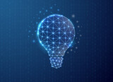 Light bulb polygonal symbol with binary code background. Idea concept design vector illustration. Blue Innovation low poly symbol with connected dots