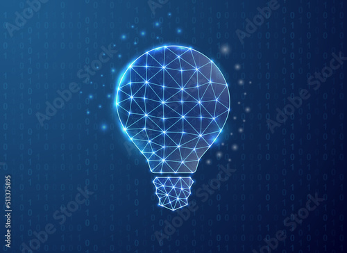 Light bulb polygonal symbol with binary code background. Idea concept design vector illustration. Blue Innovation low poly symbol with connected dots