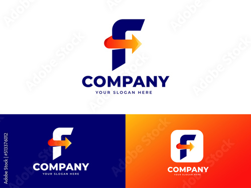 Letter F logo set with arrow icon element geometric gradient graphic alphabet symbol design